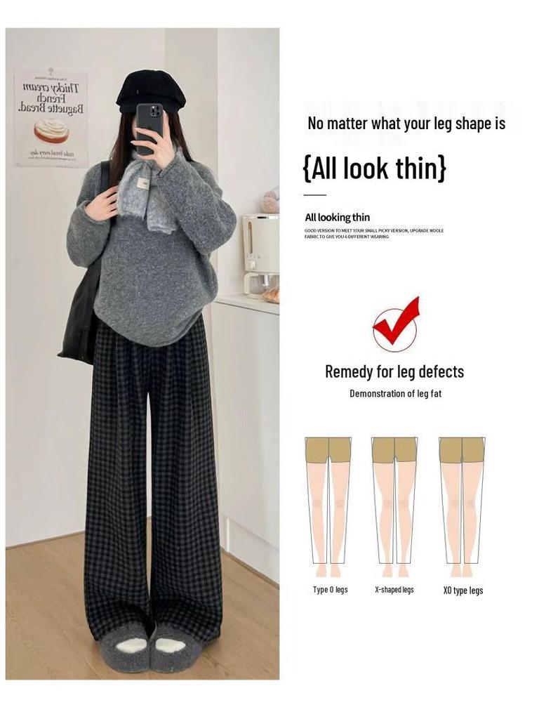 Women's High-Waisted Black & Gray Plaid Wide-Leg Pants - Slimming Casual Fit, Autumn/Winter Collection, Petite Size, Plus Velvet.
