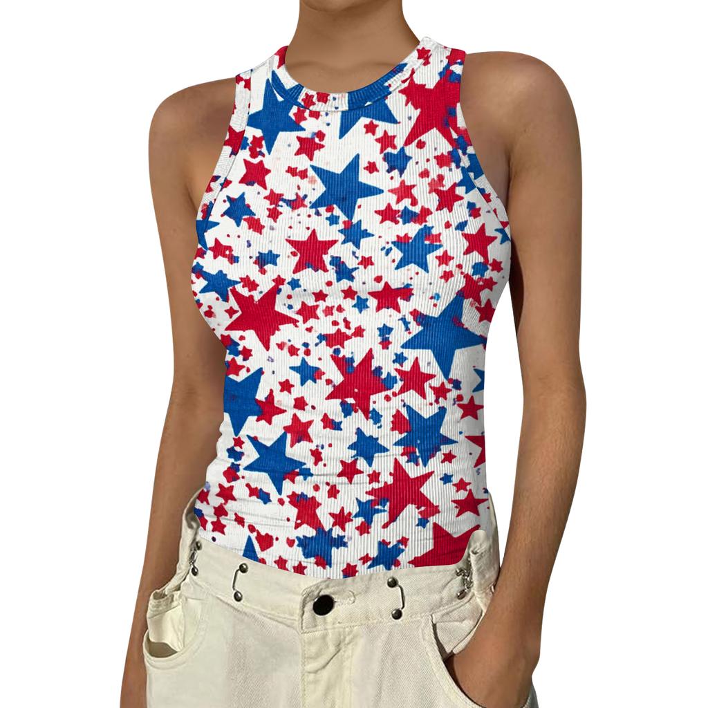 Women's Fashion Round Neck Independence Day Print Sleeveless Vest Top