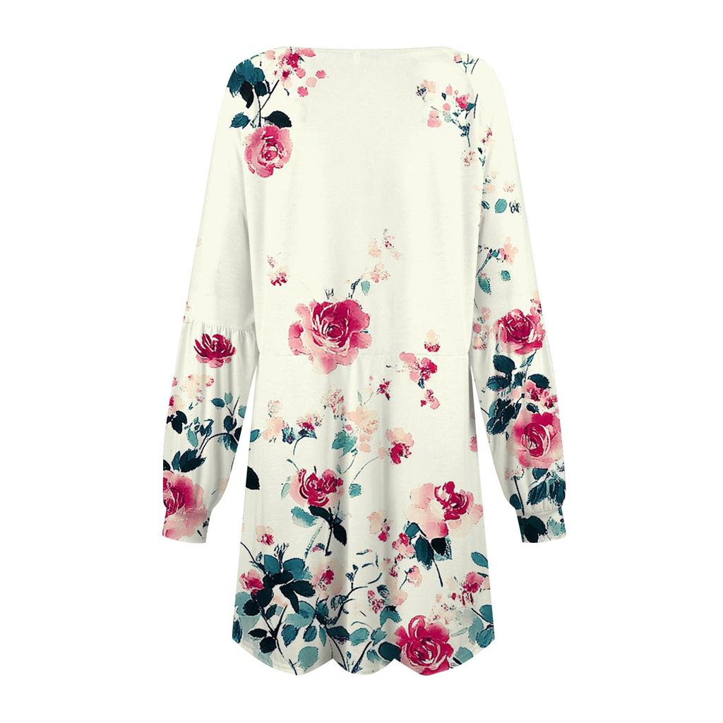Fashion Womens Long Sleeve A Line Dress Fall Casual Pullover Crewneck Loose Fit Dress With Pockets