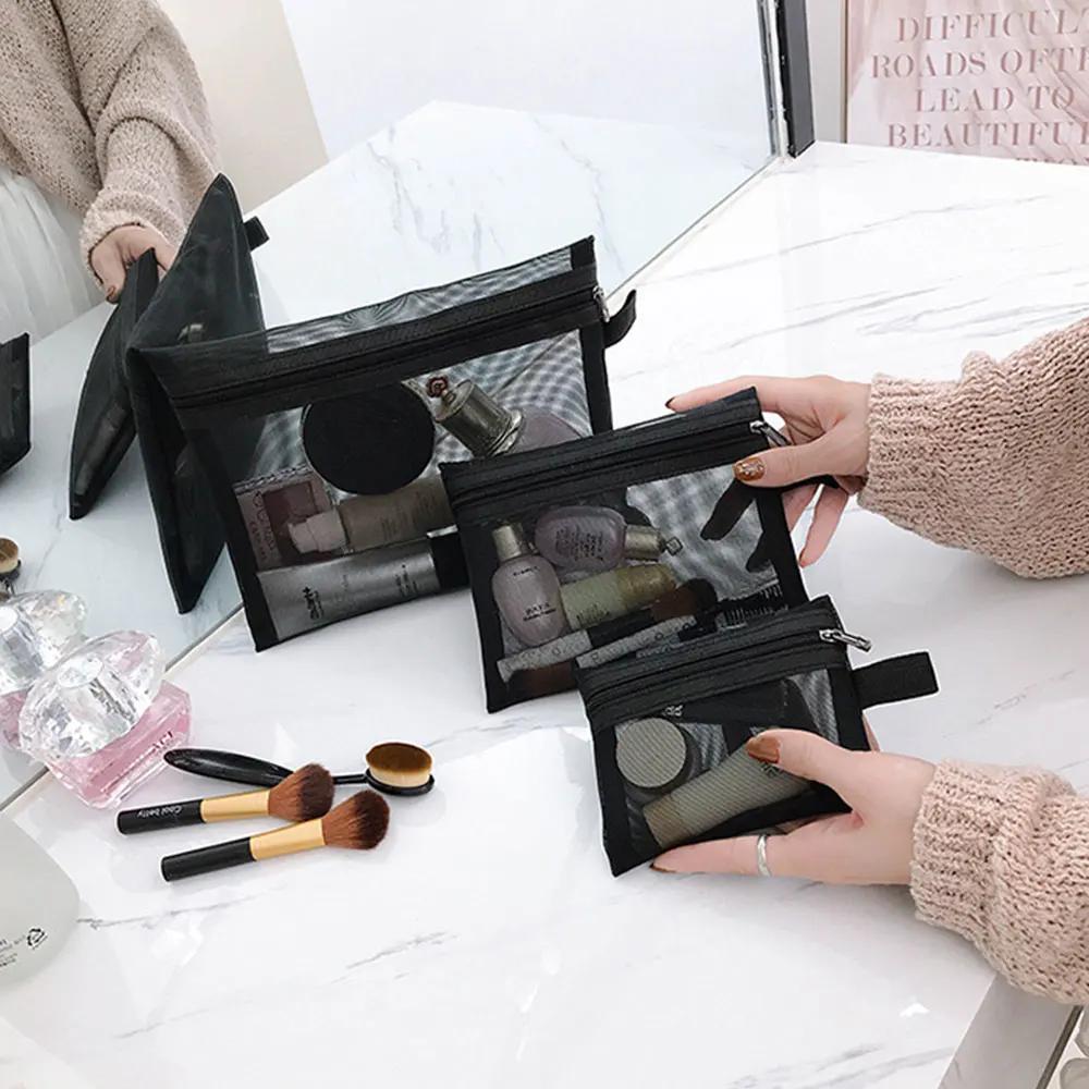 1/3 Stück Schwarze Netz-Kulturbeutel Kosmetiktaschen Herren Damen Einfarbig Klein Groß Reise Tragbar Make-up-Organizer Lippenstift-Aufbewahrungstasche