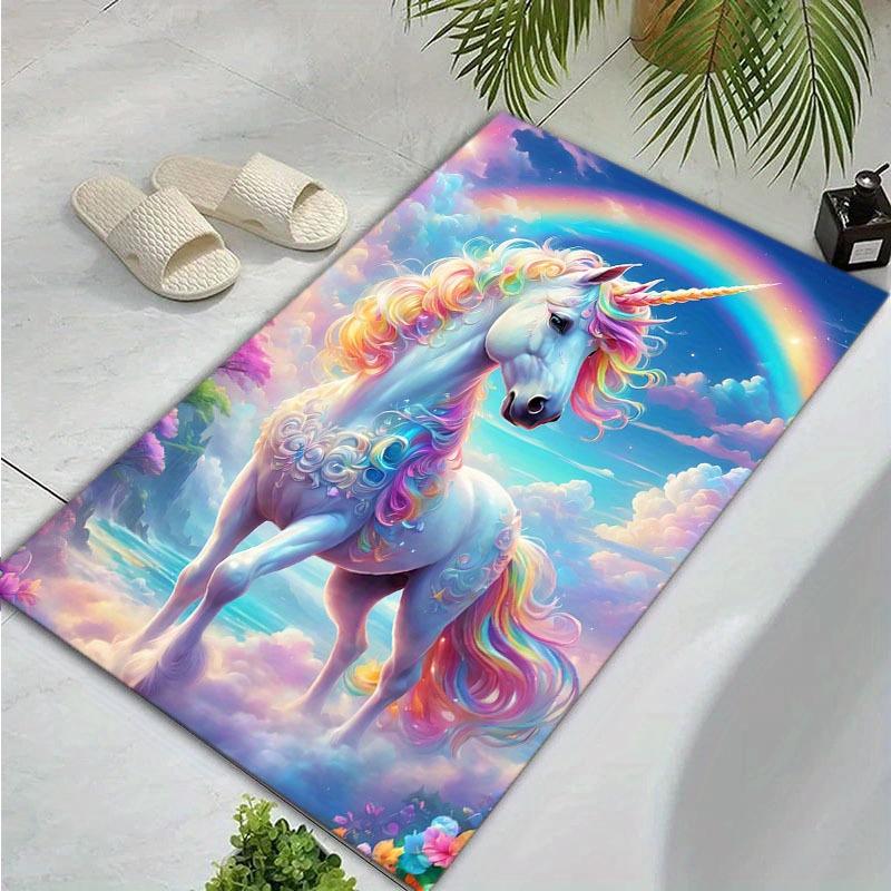 Vibrant Rainbow Unicorn Area Mat - 800g/m² Crystal Velvet, Non-Slip, Washable Floor Mat for Living Room, Bedroom, Yoga, Bathroom