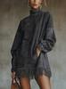 Women's High Neck Fringe Hem Mini Dress Long Sleeve Velvet Look Loose Autumn Winter Dress