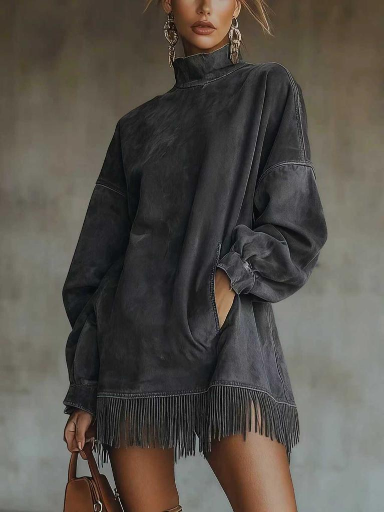 Women's High Neck Fringe Hem Mini Dress Long Sleeve Velvet Look Loose Autumn Winter Dress
