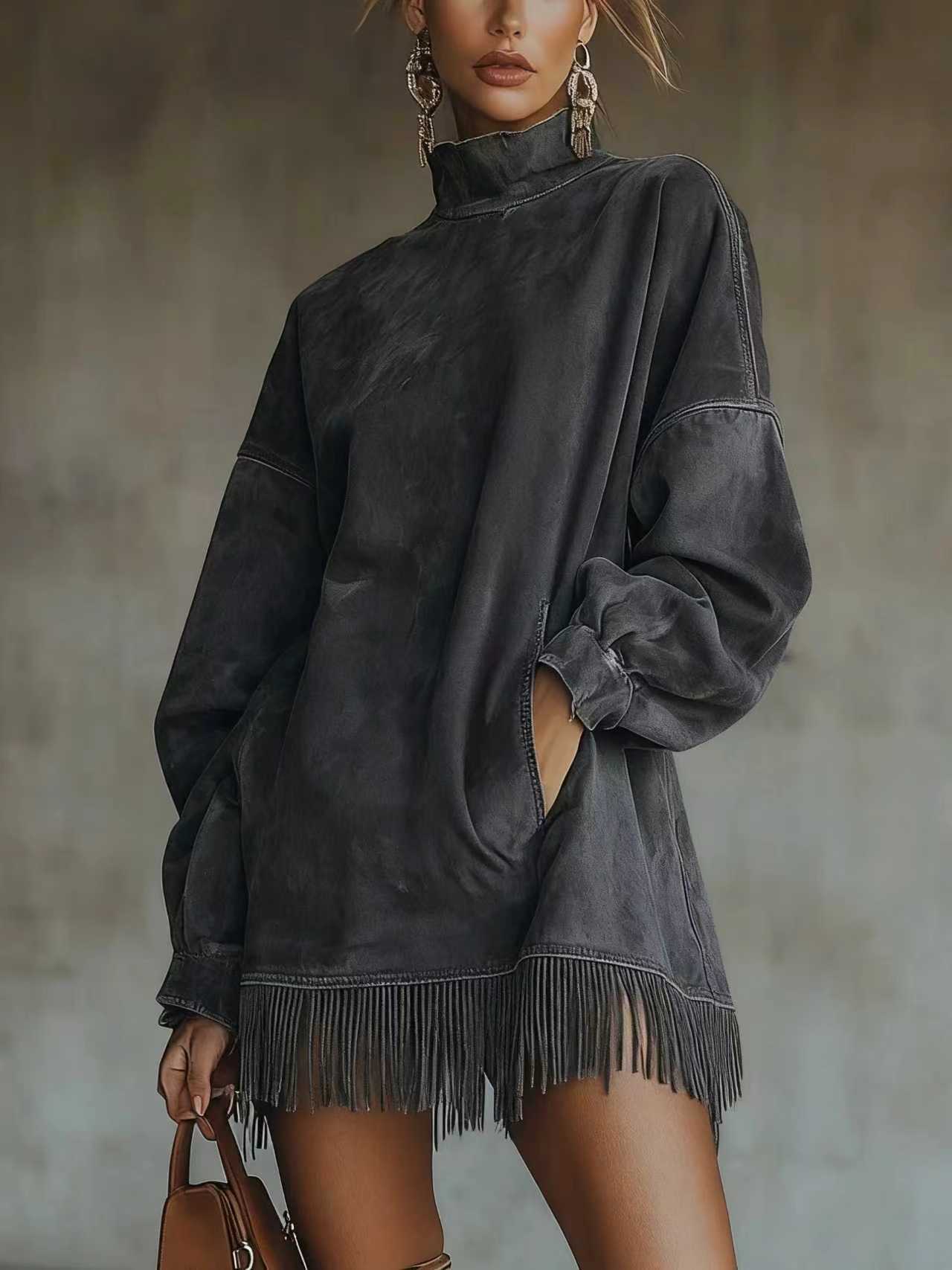 Women`s High Neck Fringe Hem Mini