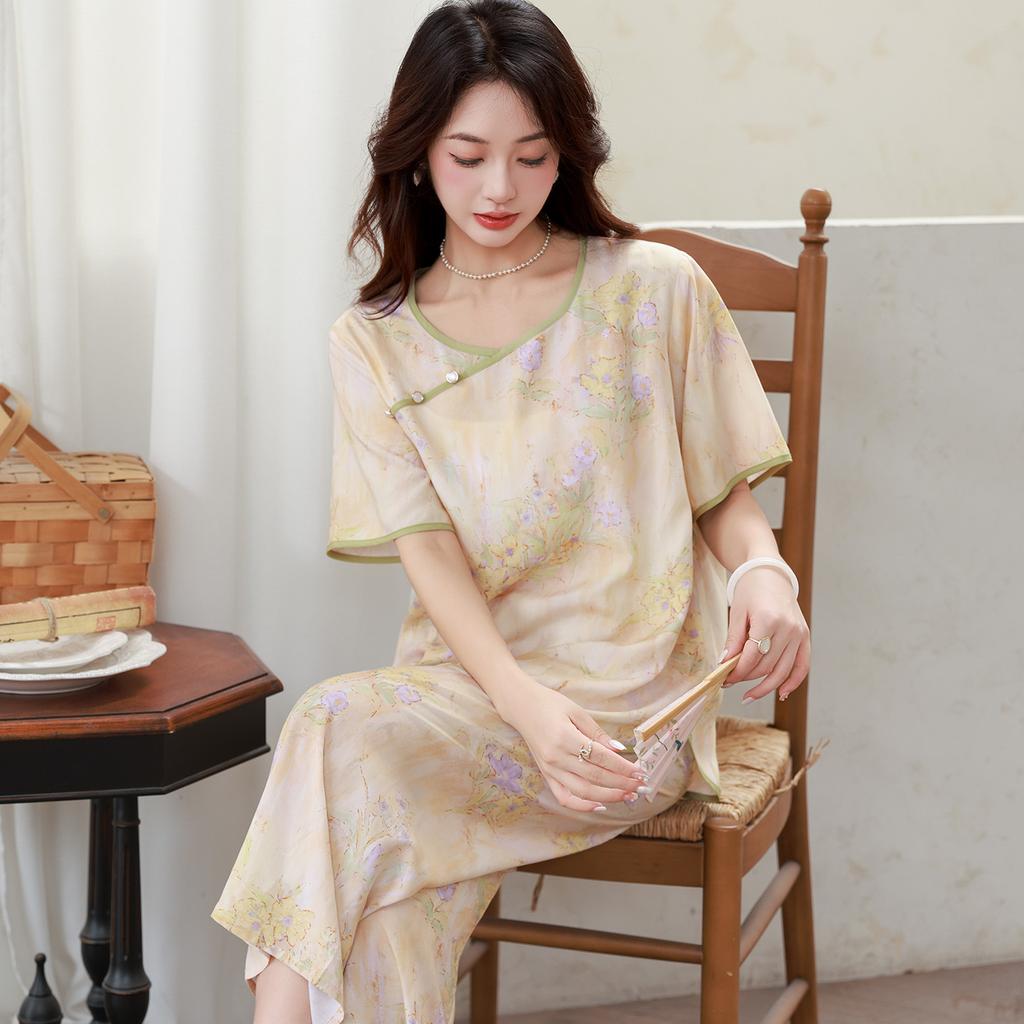 New pajamas women's summer cotton silk retro style women's new Chinese hanfu mother cotton silk loungewear large size