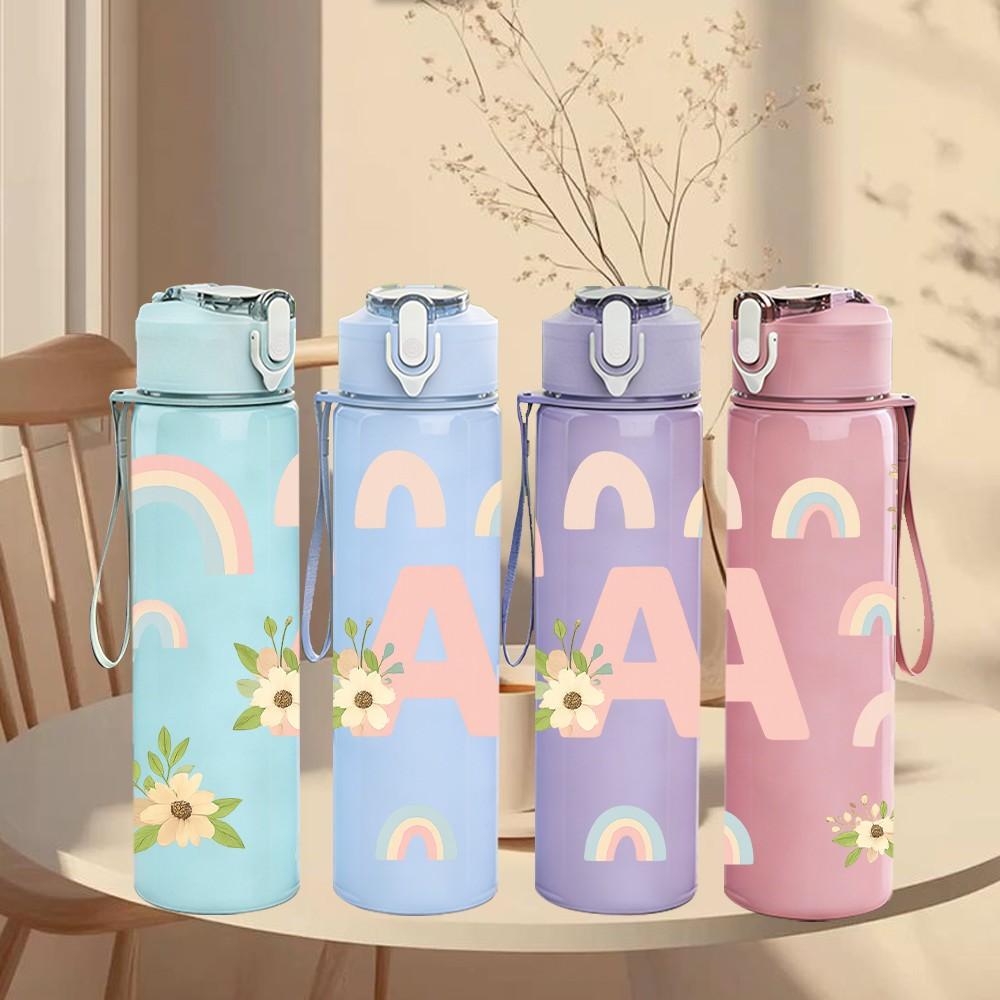 1PC Rainbow Letter A Floral 750ml Color Plastic Sports Water Bottle Leakproof Flip Straw Lid Suitable for Sports Office Home Use