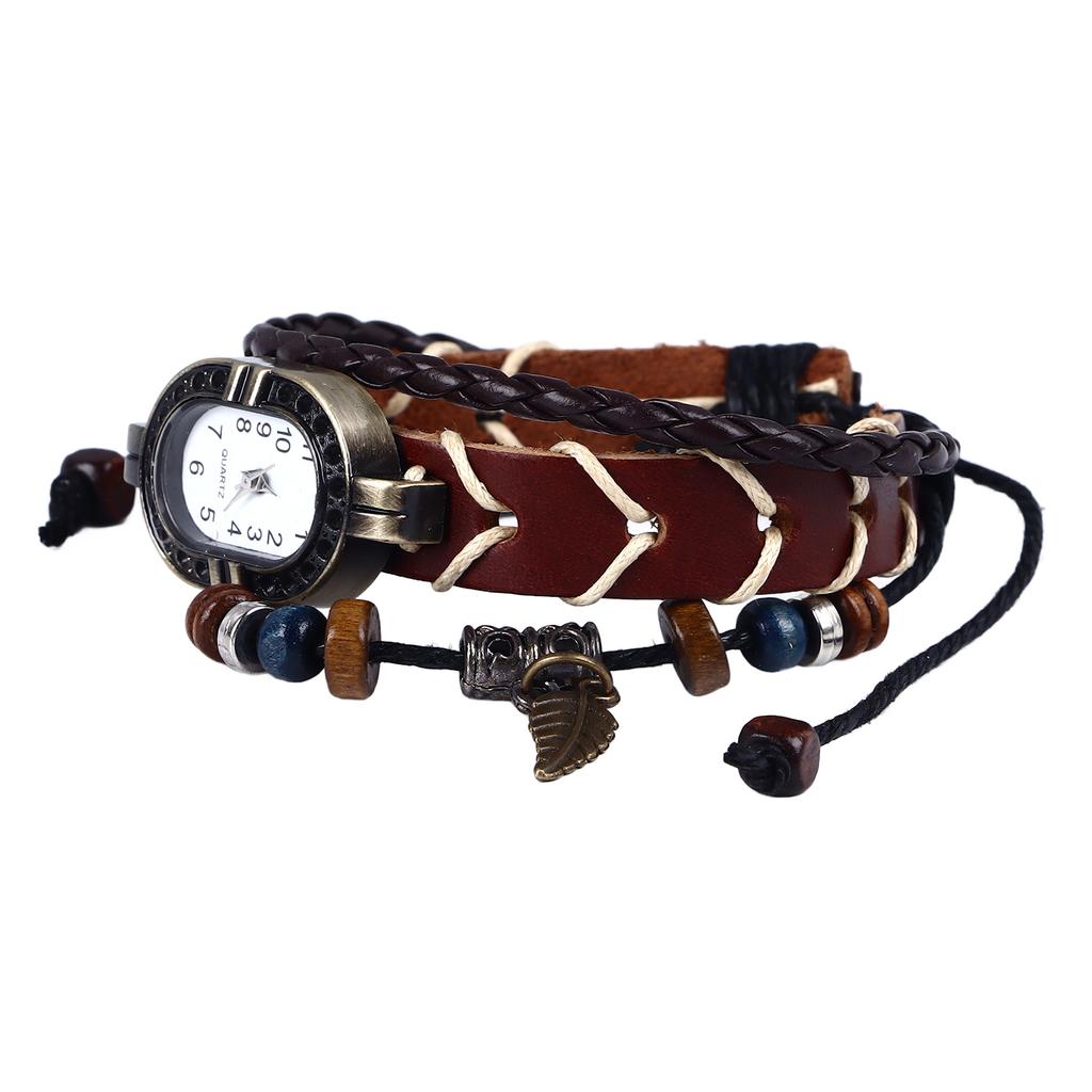 Vintage Wrap Bead Watch Woven Wrap Bead Leaf Bracelet Fashionable Quartz Wrist Watch for Men Women