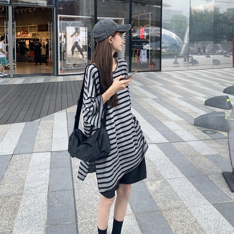 

American Retro Stripes Short Sleeve T-Shirt Women s Summer 2025 New Arrival Loose Mid Length Long Length Tide Ins Bottom Disappear Tops Stripes M