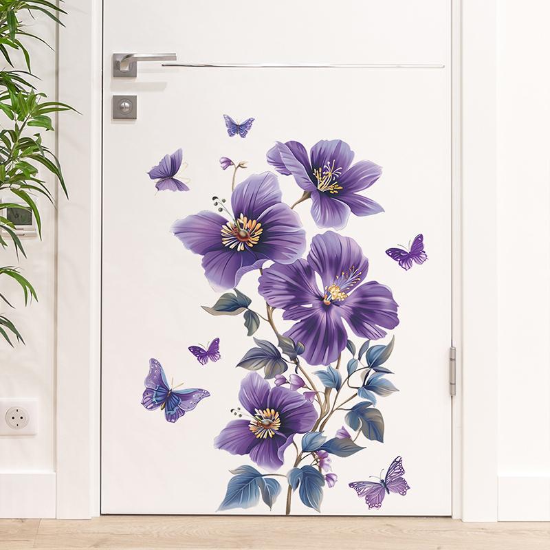 Purple Flowers Butterfly Wall Stickers Living Room Bedroom Background Decor Mural Self-Adhesive Wall Decals