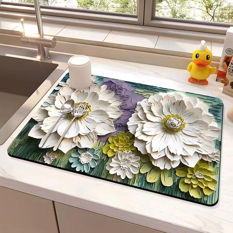 Oil Painting Style Floral Water-Absorbent, Stain-Resistant Kitchen Mat – Heat Insulation, Wear-Resistant, Easy-Clean Draining Mat