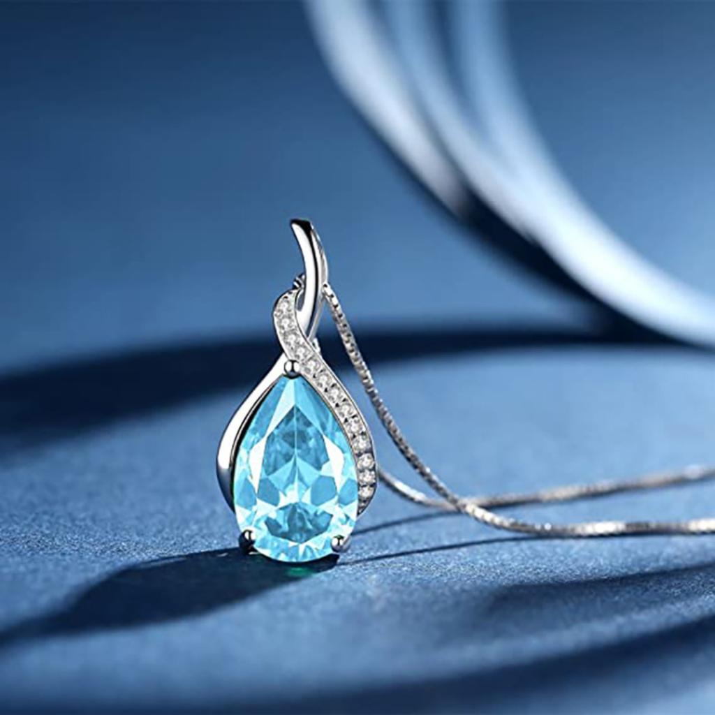 Twisted Curve Three Prong Teardrop Multi Color Stone Pendant Side Paved Accent Stone Thin Link Chain Women Elegant Neck Jewelry
