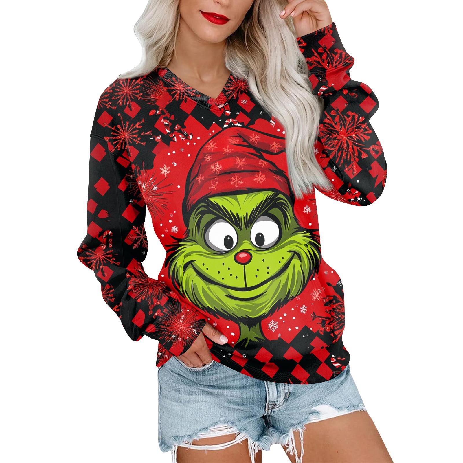 

Women s Casual Fashion Christmas V-neck Long Sleeve Sweatshirt Lightweight Pullover With Pockets Sweatshirt XXL винный
