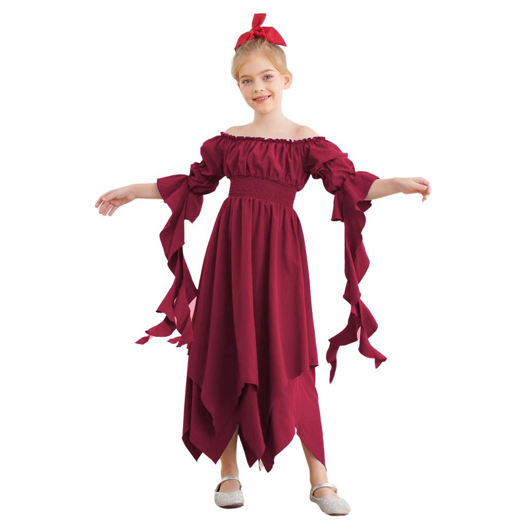Girl's Renaissance Halloween Fancy Dress Costume Cold Shoulder Smocked Irregular Hem Dresses