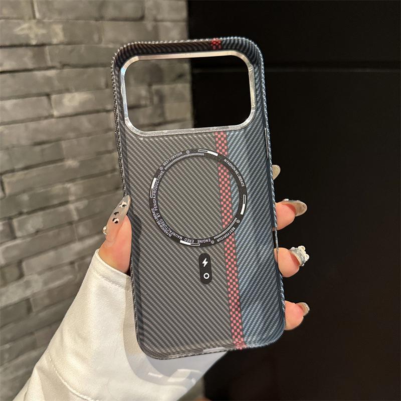 iPhone 17 Pro Max Carbon Fiber Texture Case with Metal Lens Magnet Cover