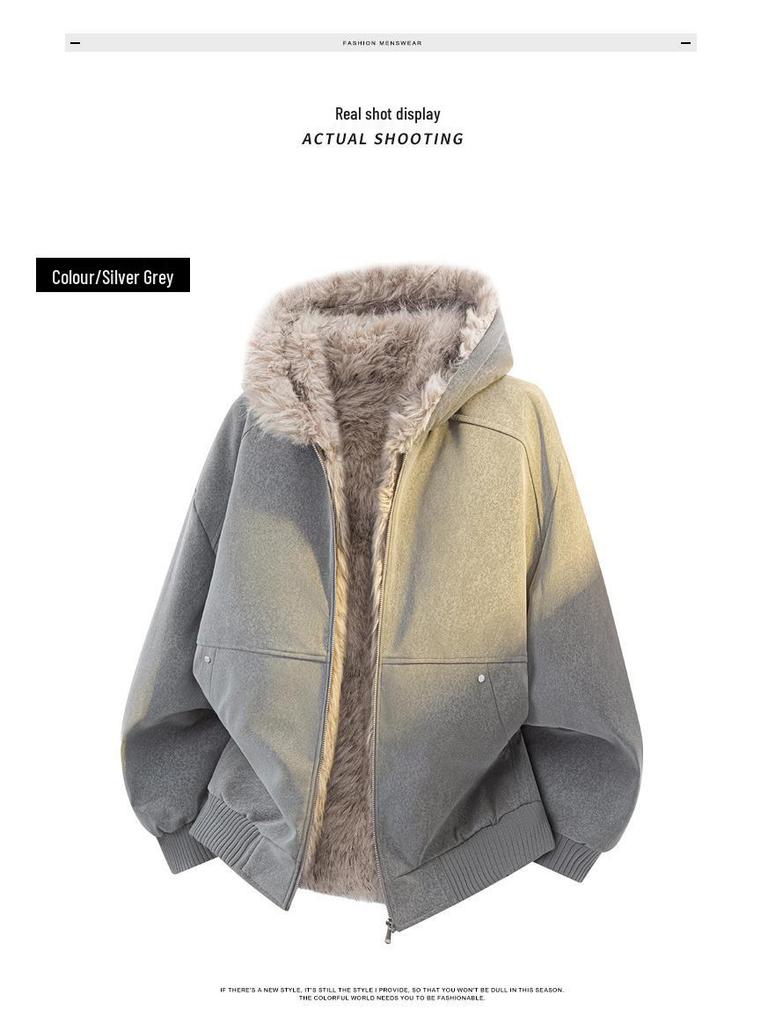Unisex American Style Mountain Eagle Fur Collar Hooded Winter Coat - Thick Velvet Lined for Warmth and Cold Protection