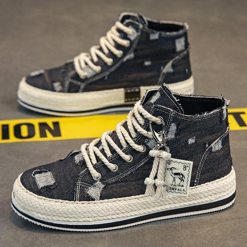 S High Top Canvas Shoes Men's Student Board Shoes Soft Washed Denim Crack