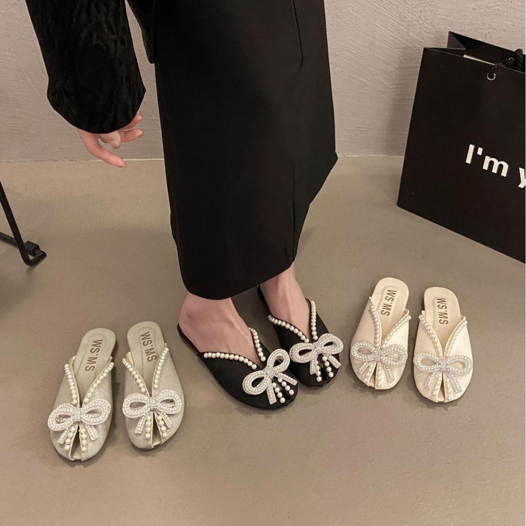 Bow pearl bag head slippers female Korean version round head breathable one pedal home slippers female hollow half slippers female