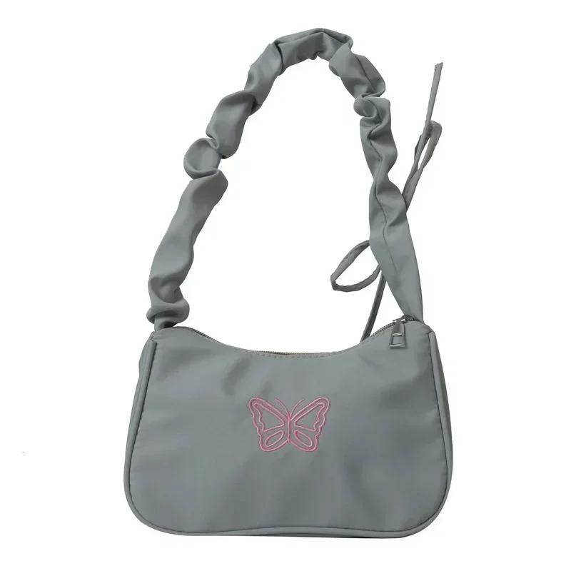 Embroidery Bowknot Butterfly Shoulder Bag Y2k-Style Ruffle Handle Nyl Bow Tote Bag Makeup Lipstick Bag Handbag New