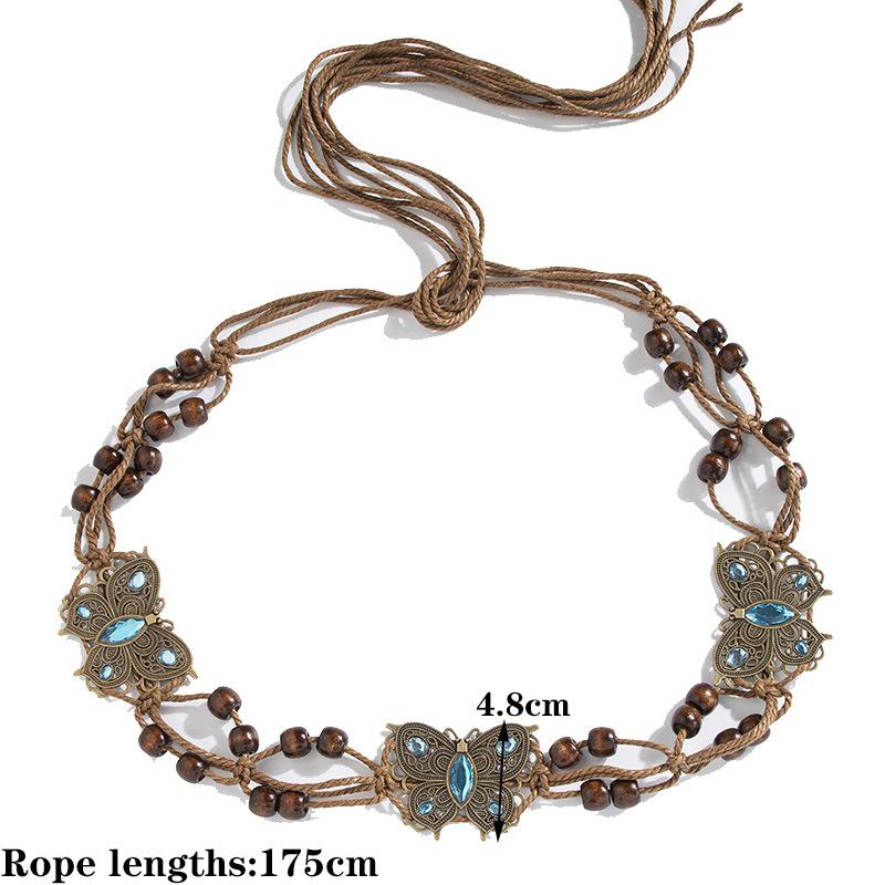 Bohemian Style Butterfly Water Diamond Woven Ethnic Style Wooden Bead Women'S Belt Casual Vacation Style Waist Rope
