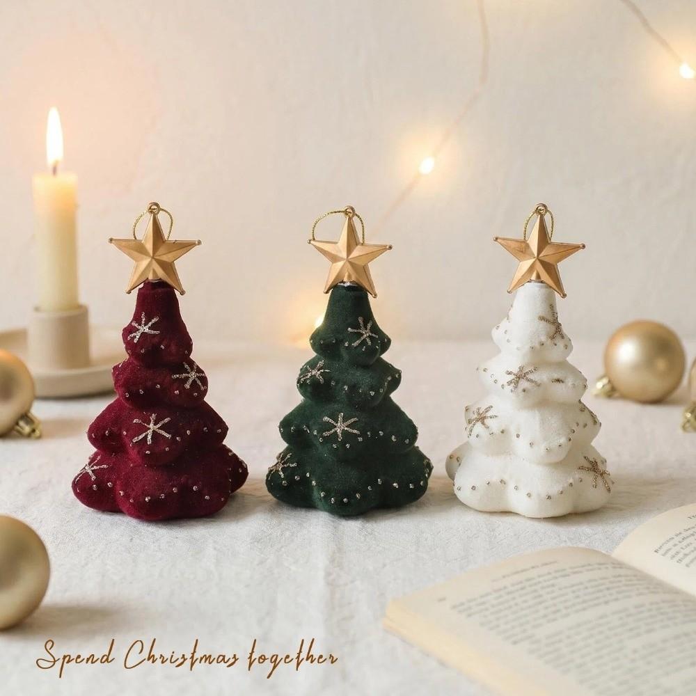 Glitter Flocked Christmas Tree Ornament Gold Cord Velvety Mini Christmas Tree Hanging Decor Vintage Style Handmade