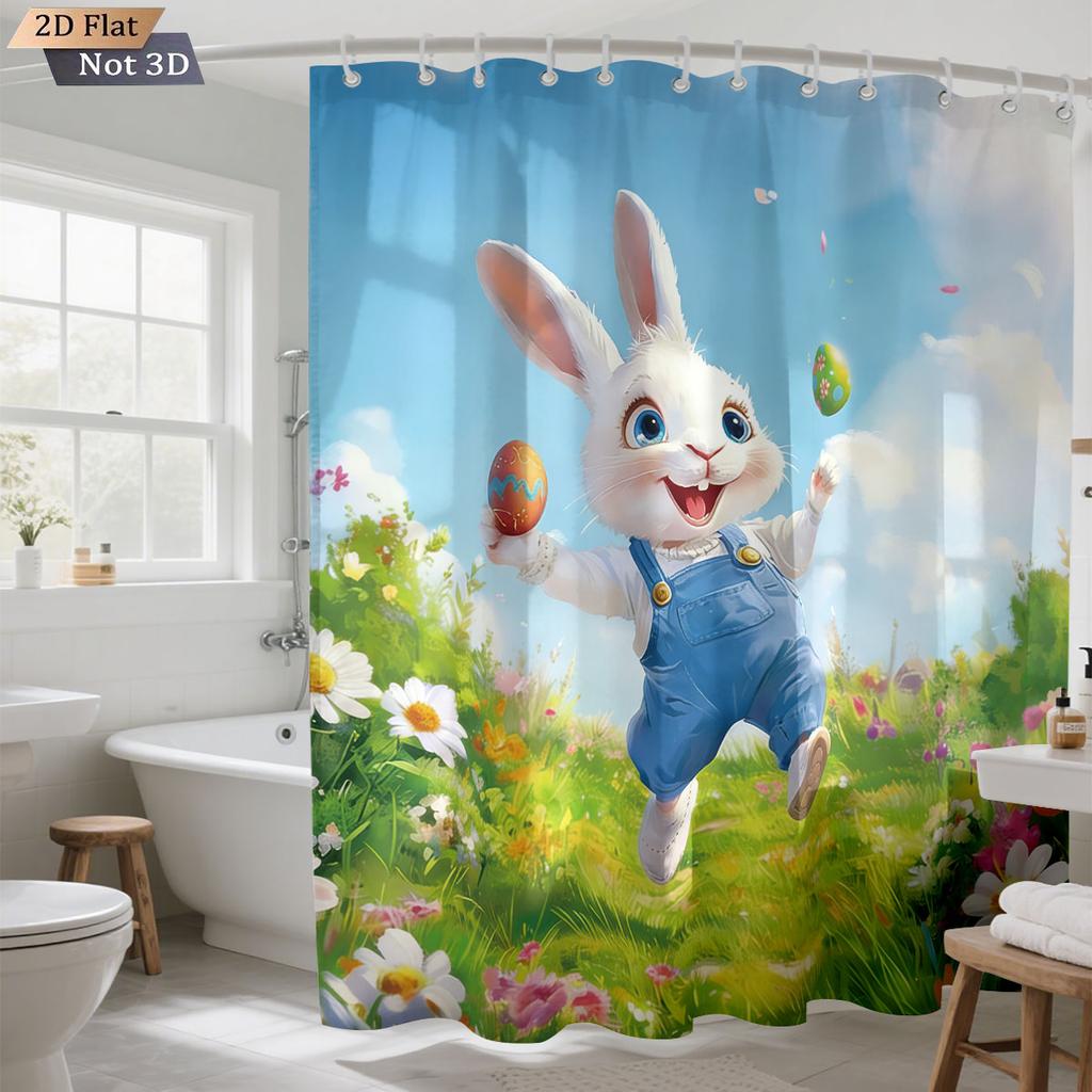 1pc Easter Happy Cartoon Rabbit Printed Waterproof Shower Curtain Partition Privacy Hanging Curtain With 12 Hooks Multiple Sizes