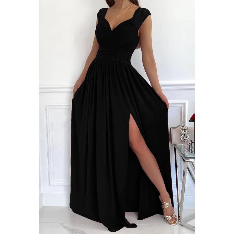 Women's Lace Trim Sweetheart Neck Sleeveless High Slit Maxi Dress Elegant Evening Party Gown