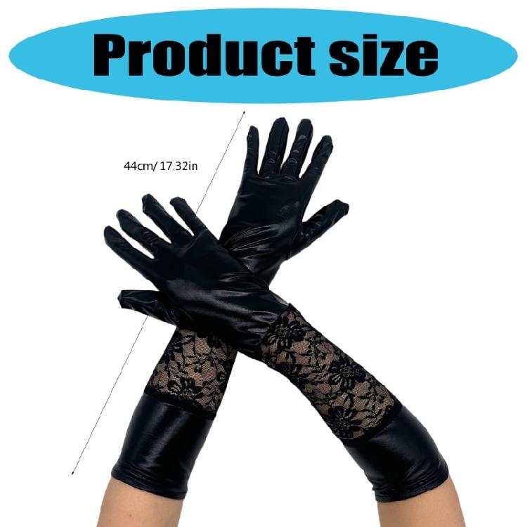 Damen Stretch Kunstleder Spitze Ellbogenlange Handschuhe Vollfingerhandschuhe Opernhandschuhe Partyhandschuhe Brauthandschuhe für Halloween