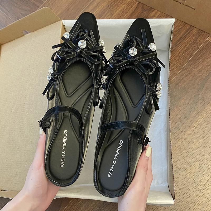 

Французские туфли Мэри Джейн серебристого цвета на среднем каблуке с острым носком, женская обувь, новая мода 2025, туфли-лодочки со стразами и бантом, тапочки со скрытой платформой 40 чёрный