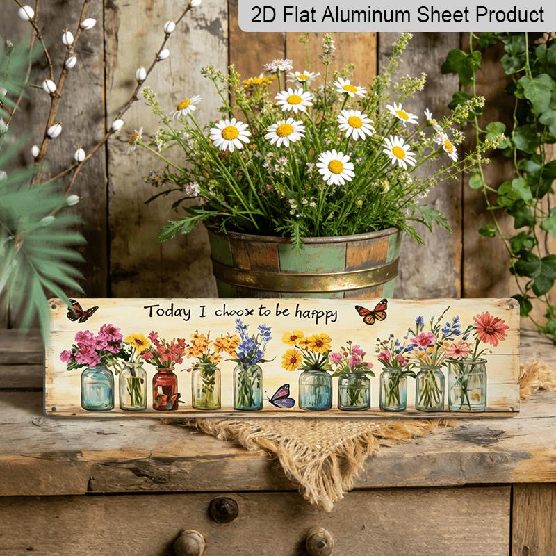 2D Flat, 1pc Rustic "Today I Choose To Be Happy" Aluminium Decorative Sign with Floral Mason Jar Design - Vintage Farmhouse Decor for Living Room