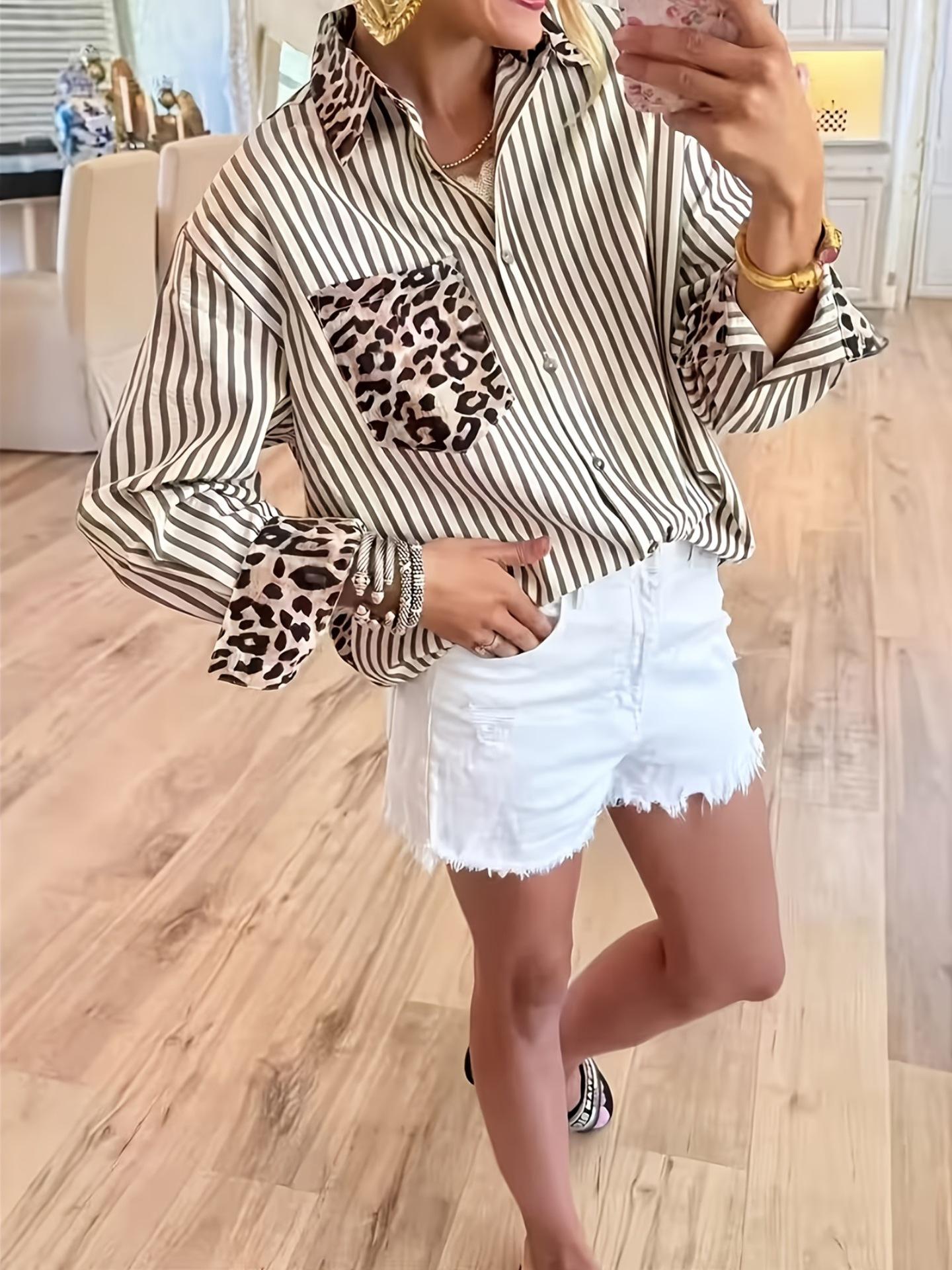 2026 Spring/Summer Leopard Print Patchwork Stripe Shirt for Women XXXXXL