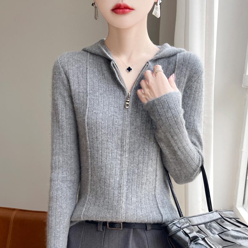 Women's Hooded Wool Cardigan Autumn and Winter New Fashionable Versatile Top Skin-friendly Comfortable and Warm Zipper Jacket