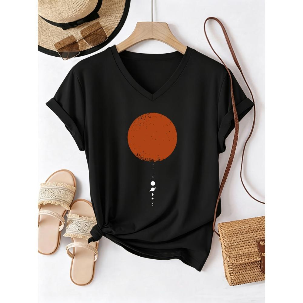Japanese Style Moon Sun T-shirt V Neck Casual Fashion Vintage T Shirts Women Short Sleeve Tee Shirt V-Neck Retro Shirt