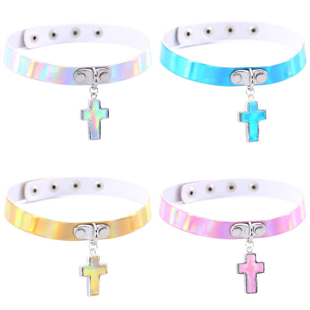 Cross Laser Glow Choker, Gothic Cross Luminous Short Leather Clavicle Necklace