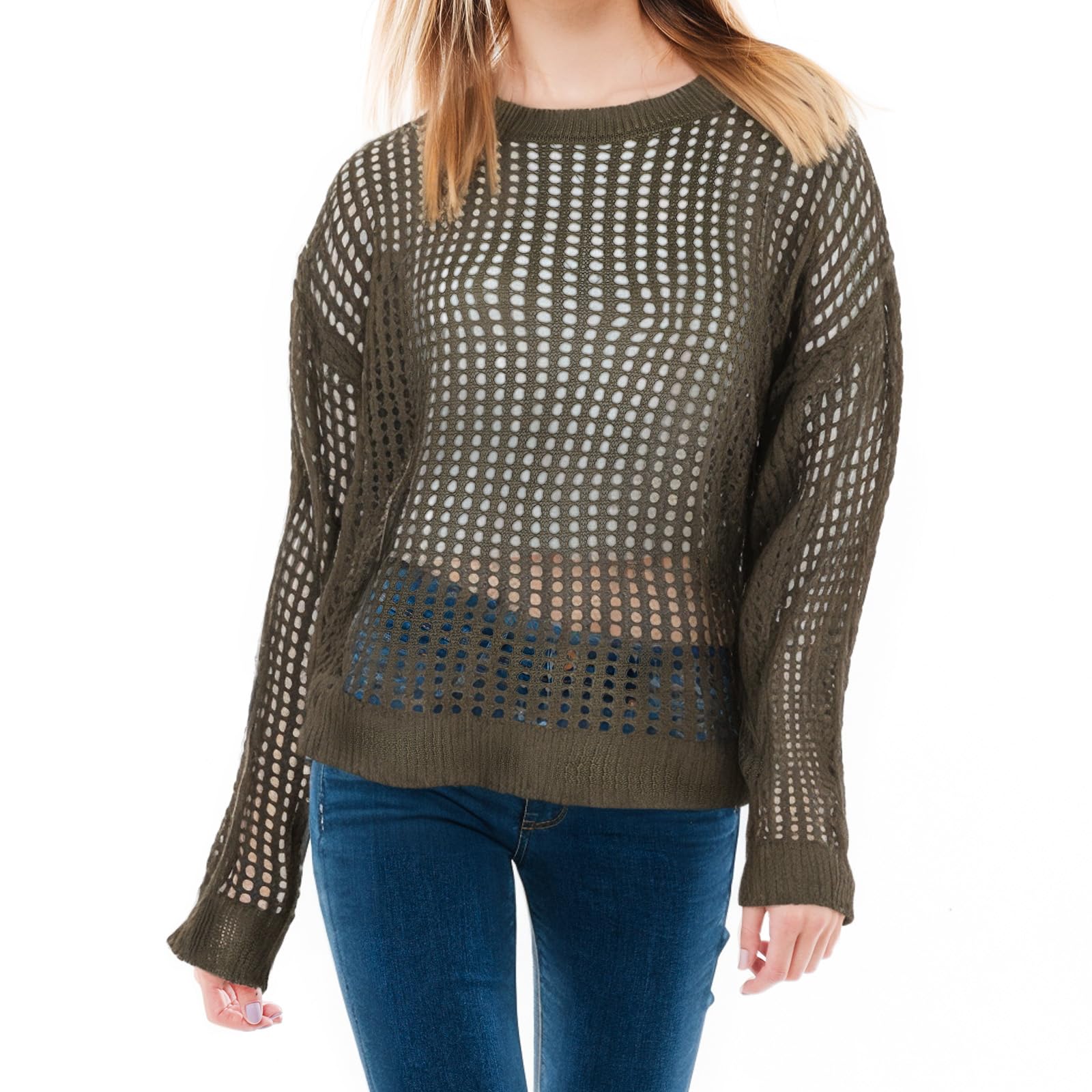 

LIFKOME Knit Mesh Pullover Loose Openwork Knit Perfect for and Casual and Stylish Women s Sweater, Fit, Top, Sheer, Spring, Summer, Fall, (Olive