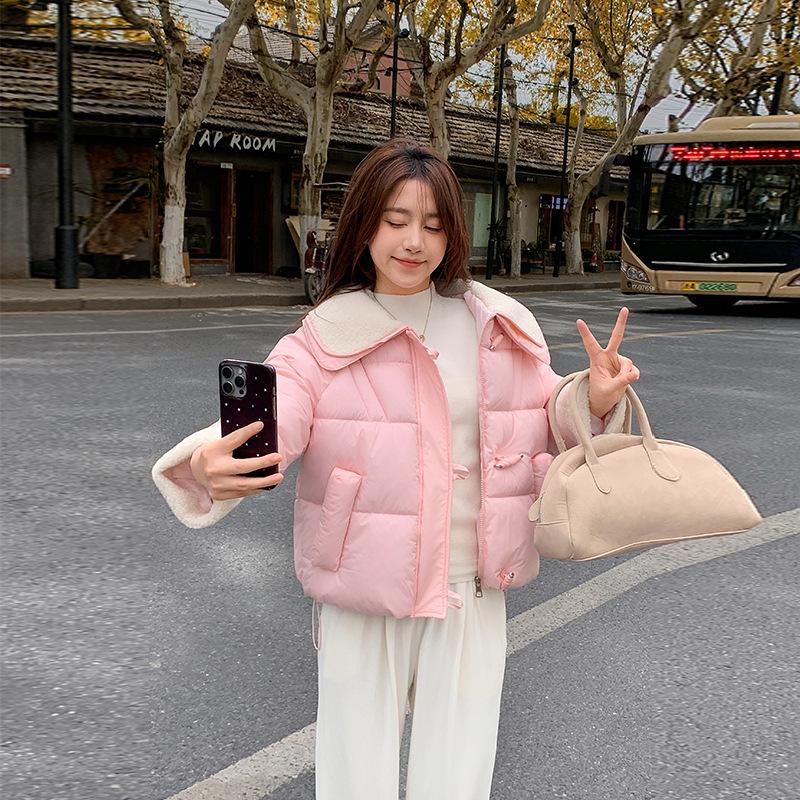 Short women's candy color age-reducing small season horn buckle large lapel short down cotton-padded coat