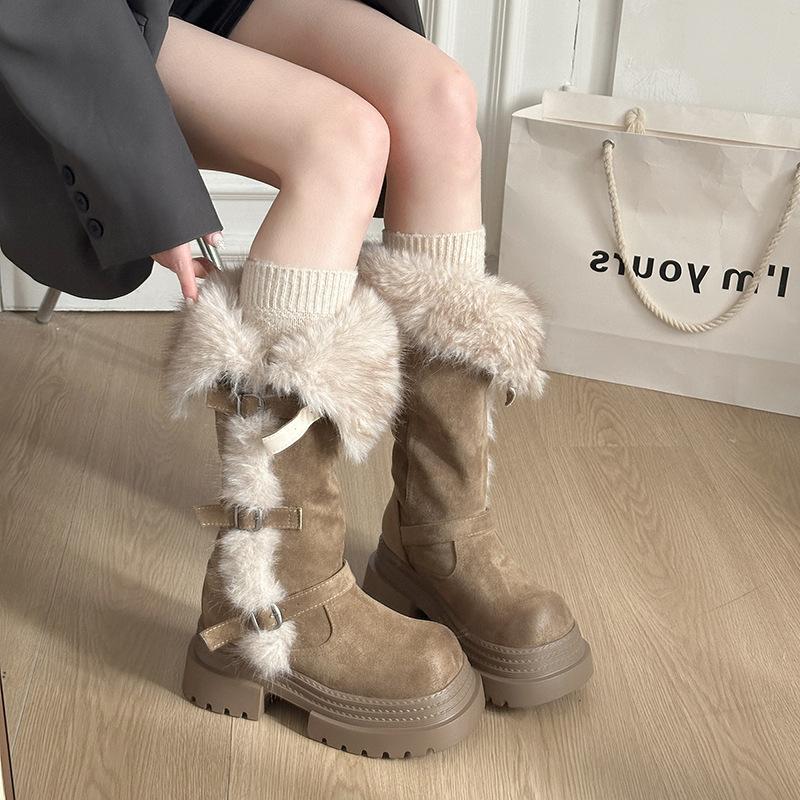 Belt Buckle High Boots Thickened Snow Boots Women's New Winter Velvet Warm Thick Sole Heightening Fashion Boots