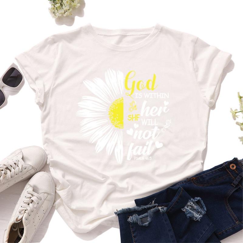 Damen Locker Rundhals Chrysanthemen-Buchstaben Reine Baumwolle Kurzarm T-Shirts Damen