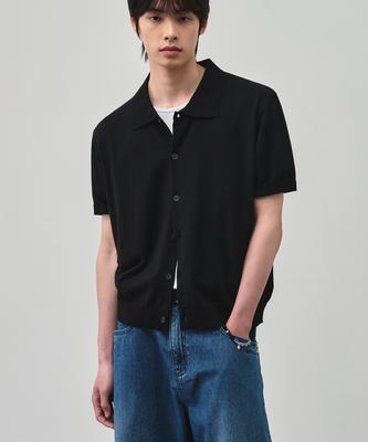 Alyss Summer Cotton Crop Collar Half Knit Cardigan [Black]