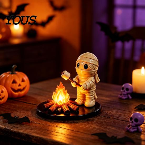 Cute Resin Spooky Decor Halloween Campfire Tealight Holder, Matte Ghost Mummy Scarecrow Figurine, Stable Niche Handmade Art Round Base Table