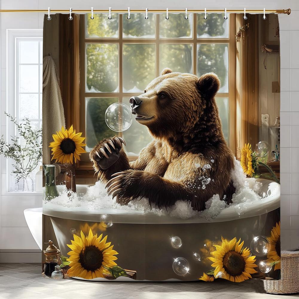 Fun Bathing Bubble Bear Animal Print Shower Curtain, Polyester Shower Curtain With Hooks For Bathroom Decorative Shower Curtain