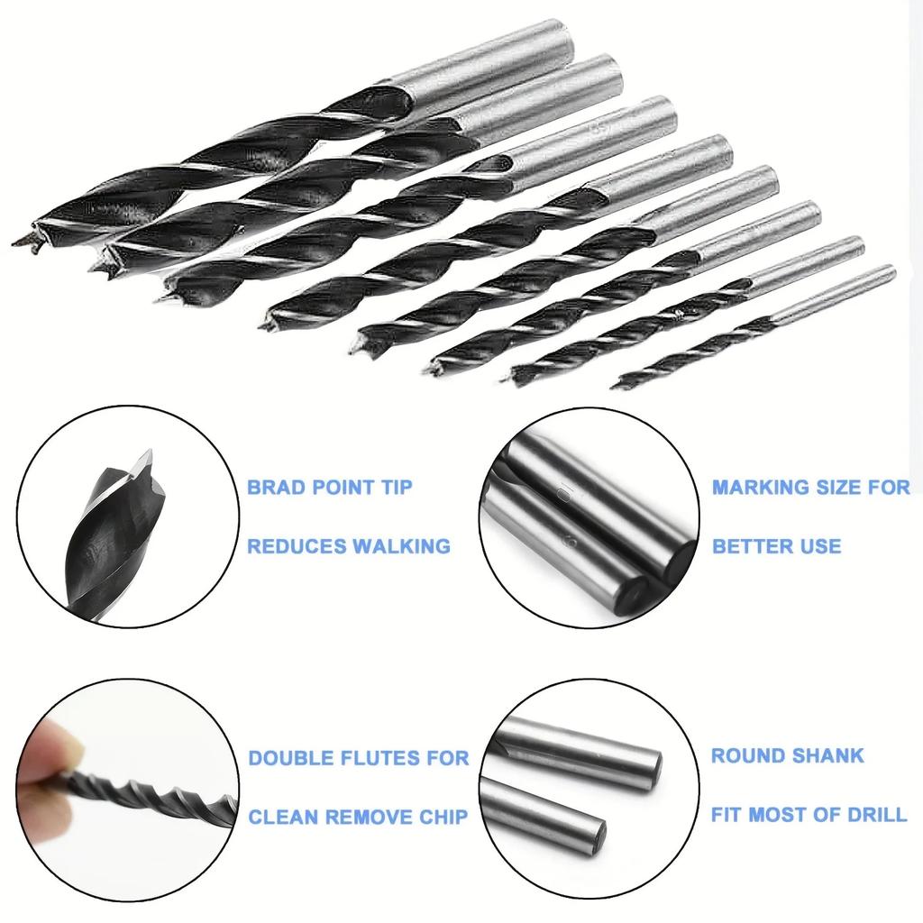 Wood Drill Bits - 8 Pcs 3mm - 10mm Spur Point Spiral Twist Wood Metric Drill Bits Working Tool for Quick Chucks & Impact Drivers