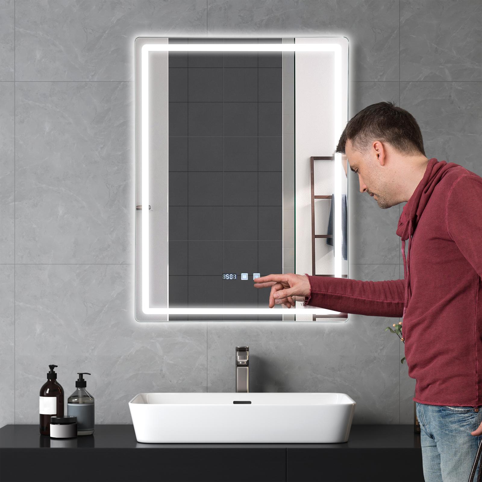 

Стеклянное светодиодное зеркало для ванной с подсветкой, серебряное прямоугольное зеркало с регулировкой яркости и защитой от запотевания 500*700 мм, настенное крепление для ванных комнат серебряный