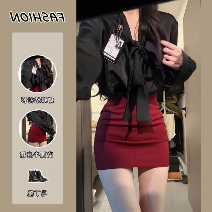 Pure desire style Spice girl suit women s spring temperament bow long-sleeved shirt high waist hip skirt two-piece set S