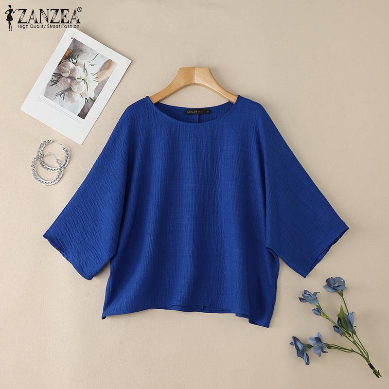 ZANZEA Women Summer Round Neck Solid Color Loose 3/4 Sleeve Blouse