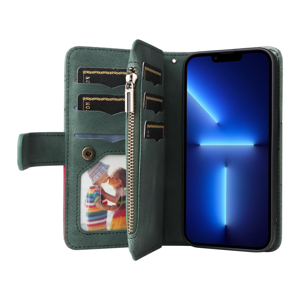 Applicable to iPhone15 mobile phone leather case 13Pro two-color splicing 9-card zipper money handbag protective case XS