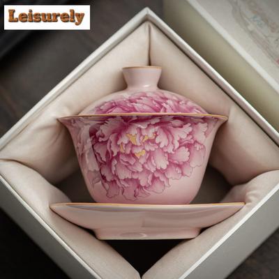 130ML Pink Ru Kiln Gaiwan Japanese Peony Sancai  Anti-scald Tea Tureen Tea Brewing Cover Bowl Tableware Decoration Collection