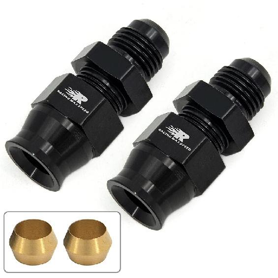 6AN Male Flare To 3/8" Fuel Hardline Tube Fitting Adapter Connector Aluminum Alloy Black Anodized 2Pcs