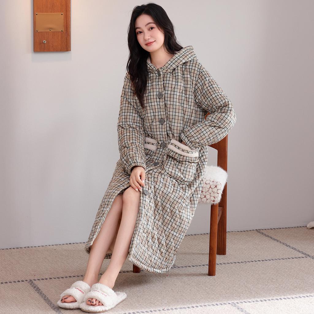nightgown women's winter coral fleece thickened and piled three-layer padded cotton winter flannel new padded jacket loungewear