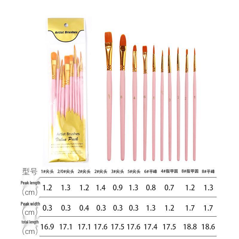 10-Piece Nylon Brush Set for Oil, Gouache, Watercolor, and Acrylic Painting