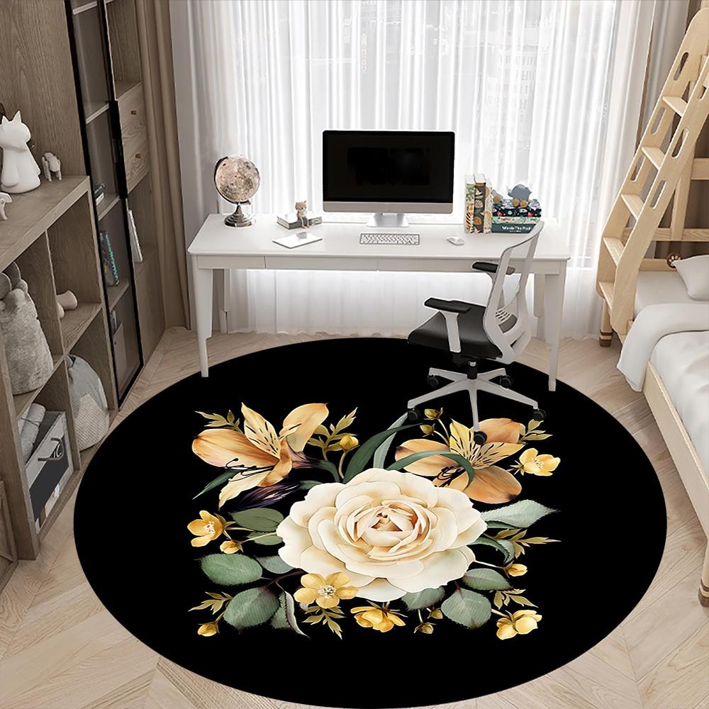 1pc Cream Rose Arrangement Chair Carpet for Office, Round Non-Slip Durable Large Size Office Carpet, Suitable for Office, Beautiful Decoration